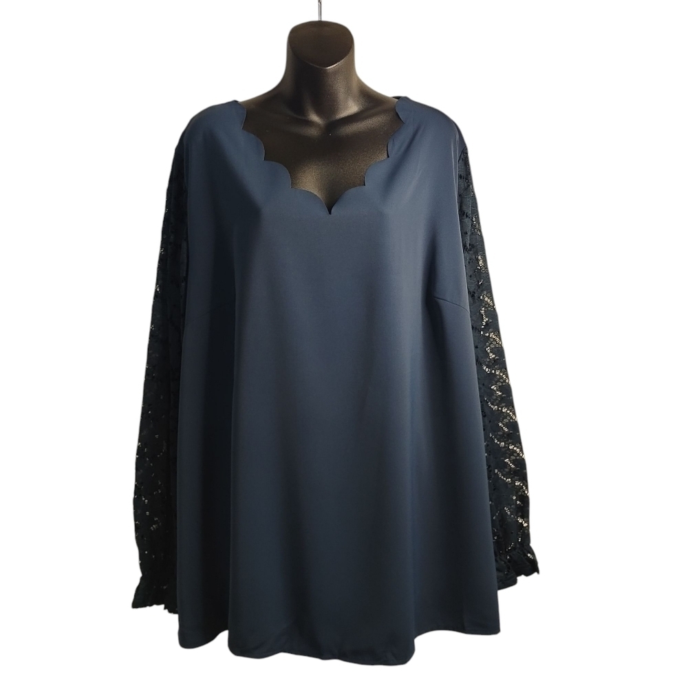 Bloomchic Women's Navy Blue V-Neck Lace Sleeve Top Blouse Size 22/24